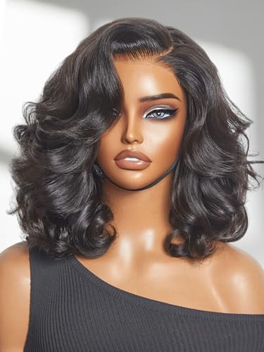 LUVME Hair Loose Body Wave Wig 14 Inch Natural Black HD Lace Side Part