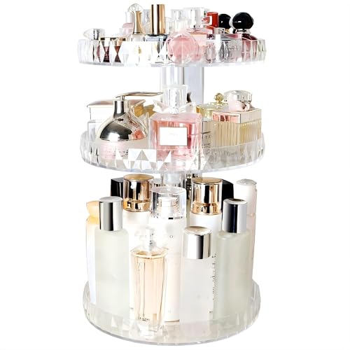 Diamond Pattern Three Layers Perfume Organizer, 360 Rotating Diamond Cosmetic Storage Box Transparent Acrylic Swivel Shelf Desktop Skin Care Product Dresser Finishing Valentines Day Gifts
