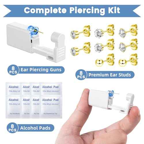 24 Pcs Ear Piercing Kit Disposable Ear Piercing Gun Kit 8 Pcs Self Piercing Gun with Cubic Zirconia Earrings Stud 4 Prong / 6 Prong Setting 3mm Diameter Ball Ear Stud Ear Piercer Kit Tool Gold