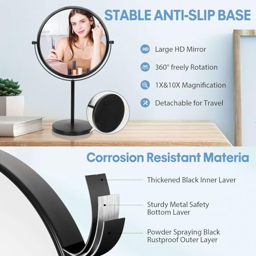 Large Size Tabletop Makeup Mirror with Magnification, 9-Inch Double-Sided 360¡Æ Swivel Free Standing Vanity Mirror, 1X/10X Magnifying Mirror with Stand for Bathroom & Bedroom, Matte Black, No Light