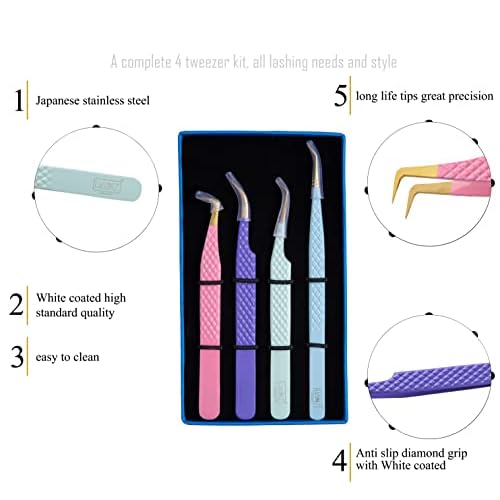 HADIZ Fiber Tip Tweezers Set of 4 Diamond Grip Eyelash Extensions Tweezers Japanese Stainless Steel Lash Tweezer (Combination)