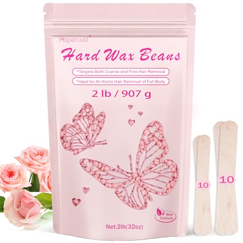 2lbs Wax Beads Includes 20 Sticks,Hard Wax Beads for Hair Removal and Sensitive Skin Friendly, Large Hard Wax for Brazilian, Bikini, Armpits, Face & Body At-Home Waxing, Rose