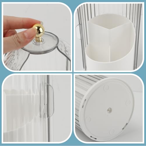 Makeup Brush Holder with Lid, 360 Rotating Sliding Opening Cosmetic Tools Organizer, Waterproof Dustproof Makeup Brush Organizer for Vanity Desktop Bathroom Countertop(COLOR:White And Clear)