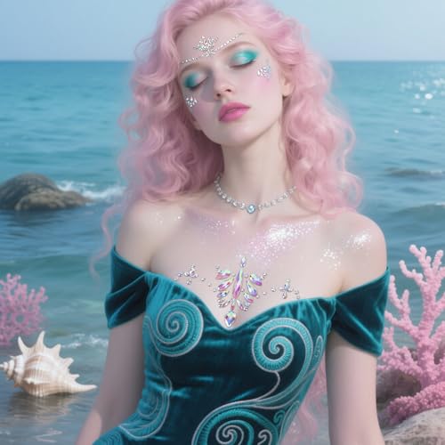 Wehhbtye 6 Pcs Mermaid Glitter Face and Chest Gems, Rhinestone Chest Jewels Face Sticker with Body Glitter, Festival Rave Body Crystal Tattoo for Halloween Costume Themd Party Makeup