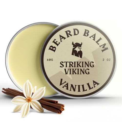 Striking Viking Vanilla Beard Balm - Styles, Strengthens & Softens Beards & Mustaches - Natural Beard Conditioner Wax with Organic Shea Butter, Tea Tree, Argan & Jojoba Oils (Vanilla)