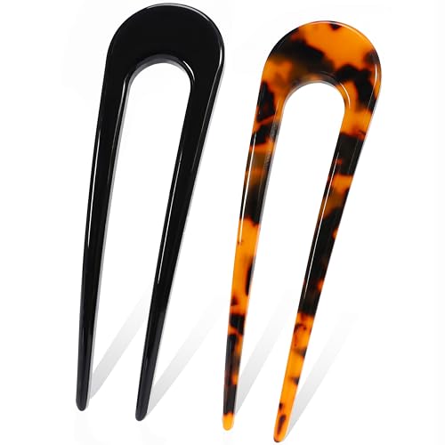 French Hair Pins U-Shaped Tortoise Shell Chignon Pin 2 Pack