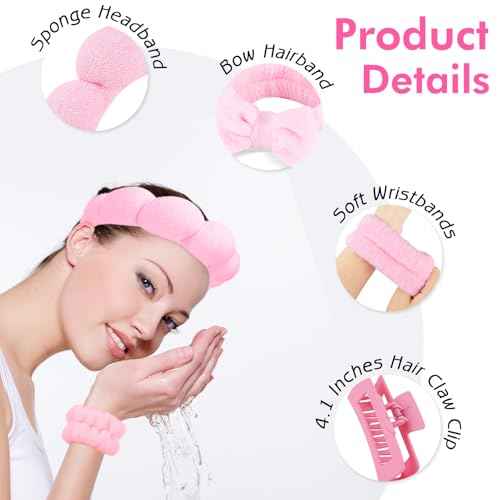Zkptops 5Pcs Spa Headband for Washing Face Wristband Set Sponge Makeup Skincare Terry Cloth Bubble Soft Hairband Claw Clips for Thick Hair Puffy Padded Headwear Non Slip Hairs Accessory (Pink)