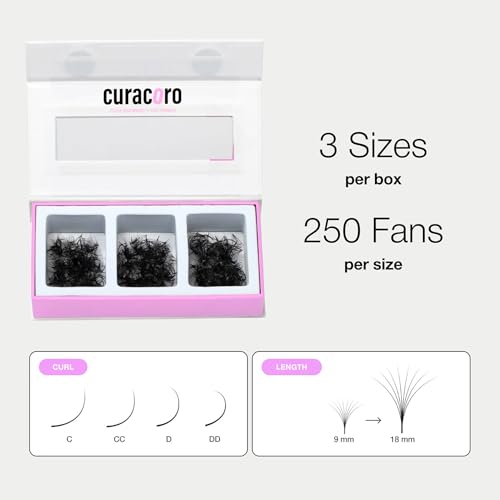 Curacoro Promade Mix 750 Fans - Handmade Volume Eyelashes, Multi Selections From 5D To 12D, C CC D Curl, Thickness 0.03~0.1 mm, 9-18mm Length, Long Lasting & Easy Application (10D-0.03 CC, 9-10-11mm)