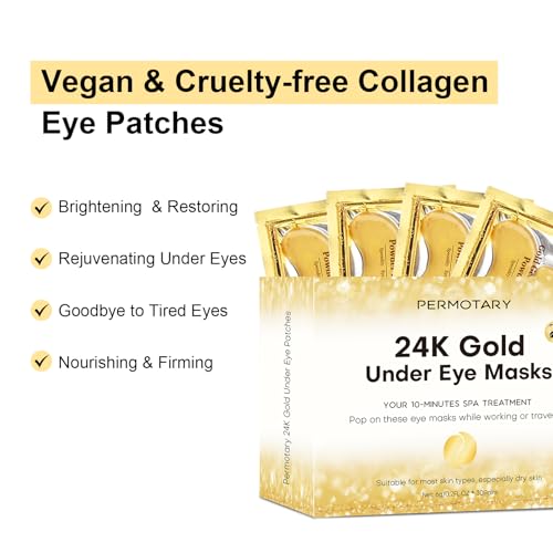 Permotary 24K Gold Collagen Under Eye Masks - Hydrating & Dark Circle Reducer, 30 Pairs