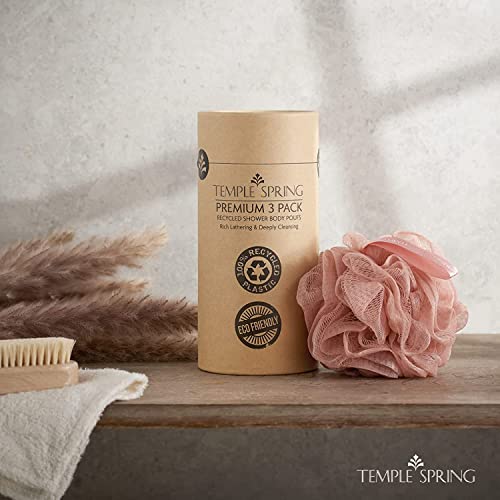 Temple Spring Shower Loofahs 3 Pack - Natural Recycled Shower Puffs for Body Set for Men and Women - Loofah Exfoliating Body Scrubber, Bath Poufs or Shower Scrunchie - Coral Pink