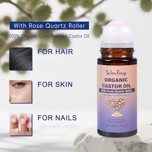Organic Castor Oil Roll On with Rose Quartz Roller Ball - WenFeng, 50ml