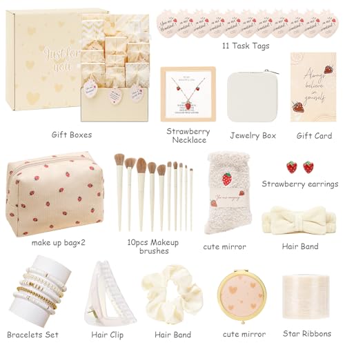 Christmas Gifts for Tween & Teen Girls, 11PCS Birthday Gifts Basket Teen Girls Trendy Stuff with Empowering Tasks Make up Brushes & Bag, Beauty Advent Calendar Wrapped Gifts Box