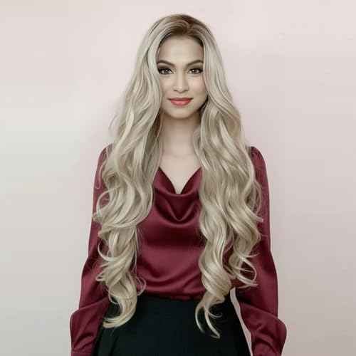 IMSTYLE Ombre Blonde Lace Front Wigs Long Wavy Synthetic Hair Wig for Women Thick Soft Heat Resistant Hair Wig With Natural Hairline Part Freely 26 Inch