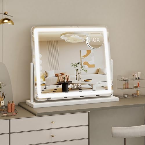 Vanity Mirror with Lights, 24"x20" Hollywood Lighted Makeup Mirror for Tabletop & Bedroom 3 Color Lighting Modes Smart Touch Control 360¡Æ Rotation Detachable