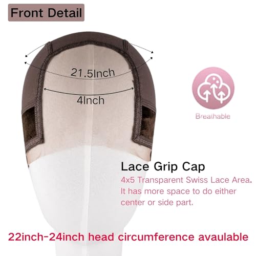 Lace Wig Grip Cap Women: 4x5 Transparent Swiss Lace Area - Non-slip Wig Gripper for Keeping Wigs Lace Front In Place - Stocking Dome Cap with Built In Elastic Headband (Medium Brown)