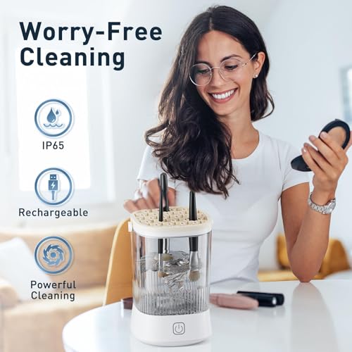 Electric Makeup Brush Cleaner - 12000 RPM Makeup Brush Cleaning Machine, IP65 Waterproof Automatic Makeup Brush Cleaner with Cleaning Solution, for Makeup Sponges and Brushes(White)