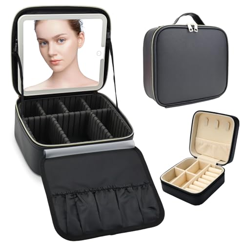 Travel Makeup Bag with LED Mirror with 3 Lighted Settings, Adjustable Dividers, Makeup Brush Storage Bag and Jewelry Case Black