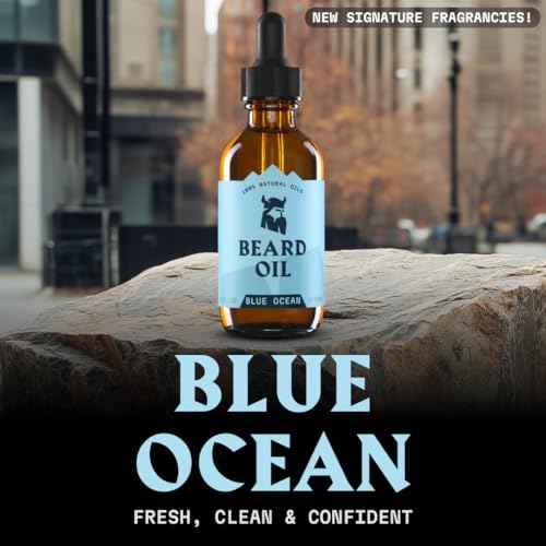 Striking Viking Beard Oil for Men - Naturally Derived Conditioner with Almond, Tea Tree, Argan & Jojoba Oil for Beard Growth, Softening & Moisturizing (2 Fl Oz (Pack of 1), Blue Ocean)