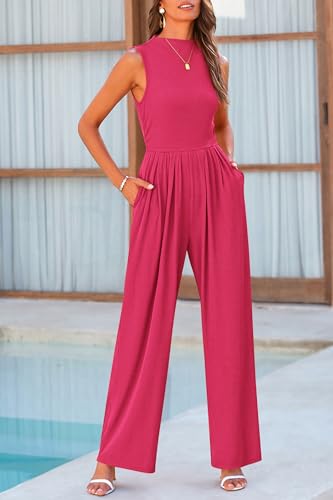 PRETTYGARDEN Womens Summer Jumpsuits Dressy Casual One Piece Outfits Sleeveless Mock Neck Wide Leg Pants Rompers with Pockets (Rose Red,Small)