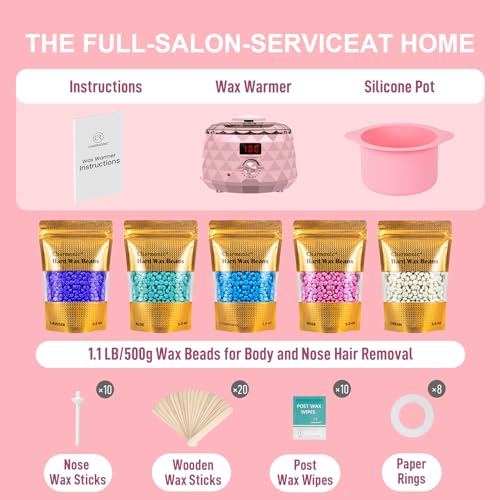 Charmonic Wax Warmer, Upgrade Digital Waxing Kit with Silicone Pot & 500g Hard Wax Beads for Whole Body Brazilian Bikini Legs Armpit Nose Hair Removal, Hot Wax Machine (Pink)
