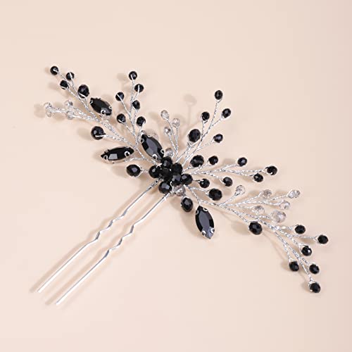 Kercisbeauty Black Crystal Hair Piece for Wedding Brides Silver Hair Pins Hair Styling Accessory for Women and Girls (Black) 1 Count (Pack of 1)