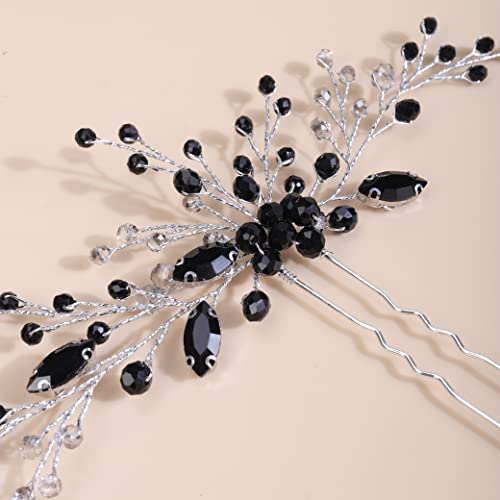 Kercisbeauty Black Crystal Hair Piece for Wedding Brides Silver Hair Pins Hair Styling Accessory for Women and Girls (Black) 1 Count (Pack of 1)