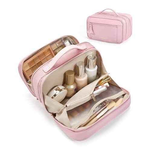 BAGSMART Travel Makeup Bag Cosmetic Bag for Women, Wide-open Portable Make Up Organizer for Women for Essentials Cosmetics Toiletries Accessories, Brushes, Medium Capacity