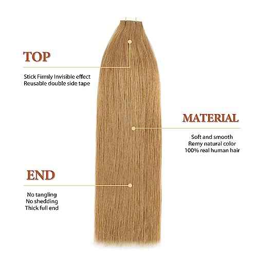 Lovrio Tape in Hair Extensions Straight Hair, 27 Strawberry Blonde Seamless Skin Weft Human Hair 50 Gram 14 Inch 20 Pieces