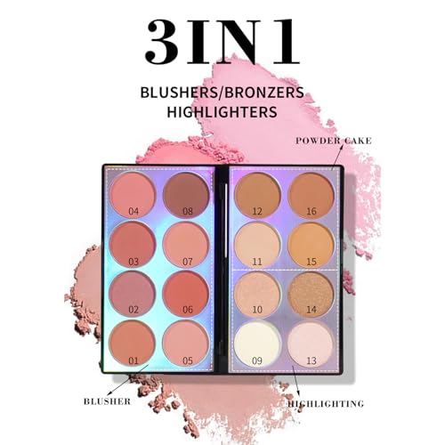 Joyeee 16-Color Blush Contour Highlighter Palette with Brush