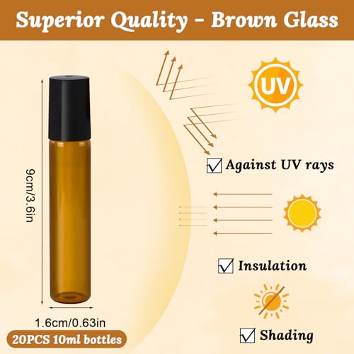 20-Pack 10ml Amber Glass Roller Bottles for Essential Oils