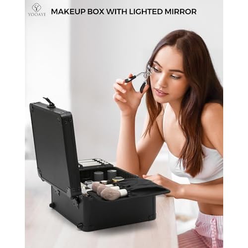 Makeup Box with Detachable Lighted Mirror?Travel Train Case, Cosmetic Storage Organizer & Makeup Suitcase with Adjustable Dividers & Magnetic LED Mirror (Black)