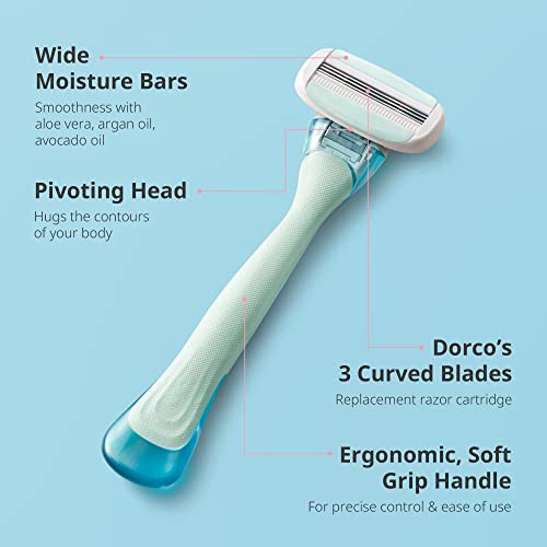 Dorco EVE3 Razor Smooth Touch¢â for Women, Includes 1 Razor Handle and 6 Long-Lasting Razor Blade Refills (Handle + 6 Refills)