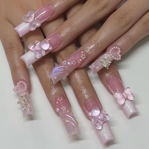 Ballet Press on Nails Long, 3D Pink Bow Rhinestone Star Fake Nails White French Tip Stick on Nails Heart Bear Bling Pearl False Nails Coffin Acrylic Nails Manicure for Women and Girls, 24PCS