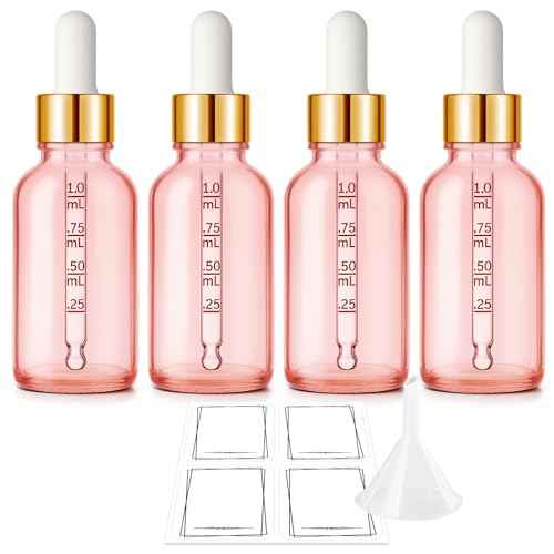Bumobum 1 oz Dropper Bottle, Pink Glass Dropper Bottle with Measured Dropper & Golden Cap, Empty Eye Tincture Bottles with Funnel & Labels for Essential Oils Serums Tavel Liquids, 4 Pack