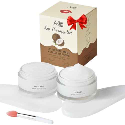 ANAI RUI Coconut Lip Scrub & Lip Mask Set with Shea Butter, Lip Scrubber Exfoliator Enriched with Vitamin E, Sugar Scrub for Dry Lips, Hydrating Lip Mask for Overnight Use, Christmas Gifts for teens