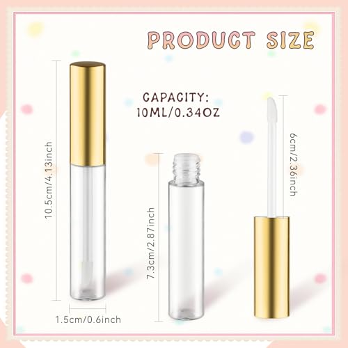 20Pc 10ml Clear Lip Gloss Tubes with Gold Caps - Empty Refillable