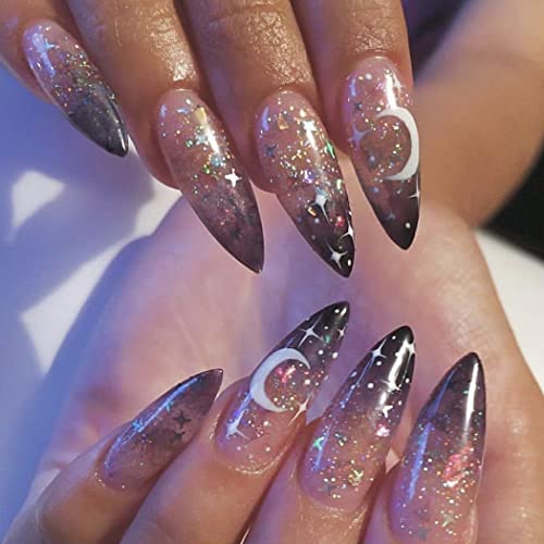 Outyua Stiletto Halloween Long Press on Nails with Designs Moon Acrylic Fake Nails Ballerina False Nails Full Cover Nails 24Pc (Moon)