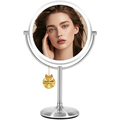 VESAUR 1X15X HD Lighted Makeup Mirror, 9" Large 5000mAh Rechargeable Double Sided Magnifying Mirror with 3 Touch Dimmable Light, 360¡ÆRotation Detachable for Travel Vanity Mirror, Pearl Nickel, Gifts