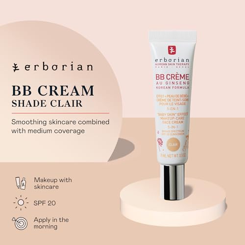 Erborian BB Cream with Ginseng, Fair (Clair) - Lightweight Buildable Coverage with SPF 20 & Ultra-Soft Matte Finish Minimizes Pores & Imperfections - Korean Face Skincare - 0.5 Oz