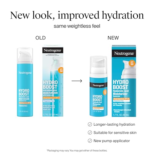 Neutrogena Hydro Boost Hyaluronic Acid Face Moisturizer with Broad Spectrum SPF 50 Sunscreen,Non-Greasy,Fragrance Free Daytime Facial Moisturizer to Hydrate & Soothe Dry Skin,1.7 fl. oz,(Pack of 2)
