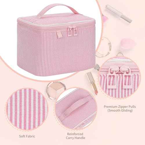OCHEAL Makeup Bag Large Capacity Travel Make up Pouch for Cosmetics, Vertical Storage with Divider Toiletry Bag for Skincare Organization-Pink