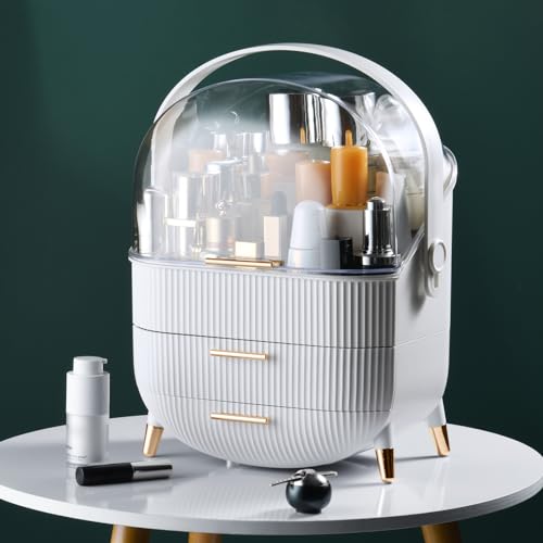 CANITORON Deluxe White Makeup Organizer with 2 Drawers & Brush Lipstick Storage