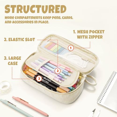 SUNEE Beige Corduroy Pencil Case, Large Capacity Zipper Pouch, Multi-Compartment Pen Organizer
