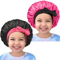 Satin Bonnet Silk Hair Cap: 2pcs Kids Bonnets with Adjustable Tie Band for Baby Toddler Sleeping Hair Bonnets Sleep Comfortable No Slip-Off (Black & HotPink)