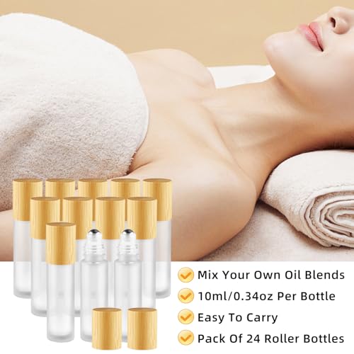 Cositina 24 Pcs 10ml/0.34oz Glass Roller Bottles Refillable Perfume Bottles with Roller Balls & Bamboo Lids for Travel Essential Oils - White Frosted