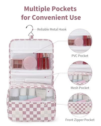 Narwey Small Hanging Travel Toiletry Bag - Dusty Pink Checkerboard