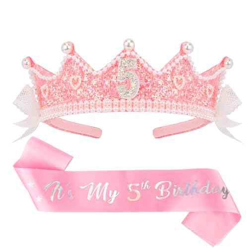 CUBACO Birthday Crown Headband 5th Birthday Girl Sash, Birthday Girl Headband Princess Pink Crown 5 Year Old Girl Gift Outfit Birthday Decorations,Suitable for Party Favors Decorations
