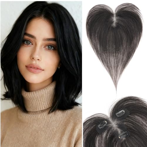 Human Hair Topper with Side Bangs - 11" Clip-In Hairpiece