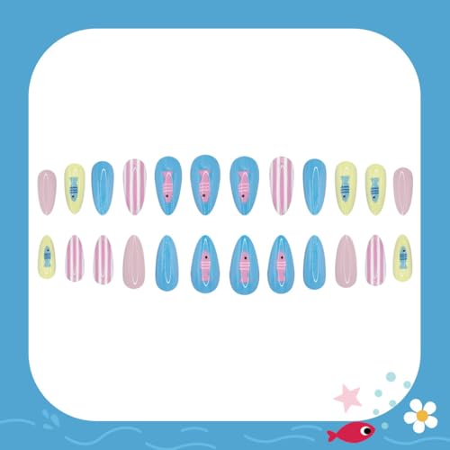 24 Pcs Summer Press On Nails - Medium Almond with Ocean Fish Design