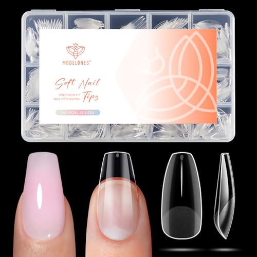 Modelones Short Coffin Nail Tips 360pcs - 15 Sizes Clear